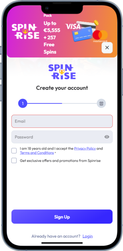 Modulo di registrazione del conto del casinò Spinrise